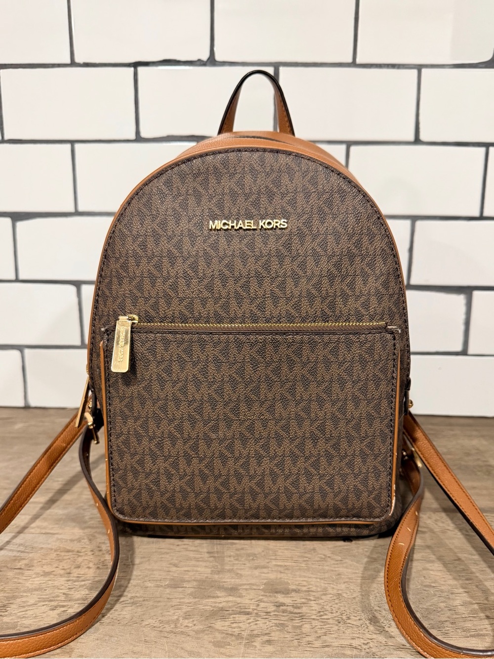 Michael Kors Brown Signatures MK Logo Medium Backpack